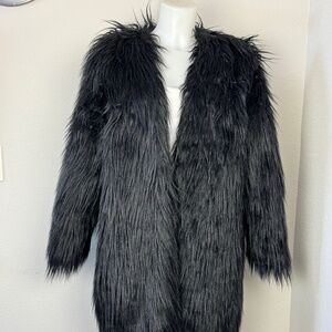 Women's Black Faux Mongolian Lamb Fur Faux Mid-length Jacket Coat Warm Size 10